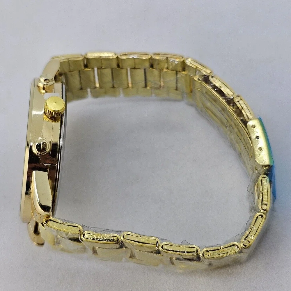 3PC Men's Watch Bracelet Necklace Set 41MM Black Dial Date Gold Bracelet Band 7